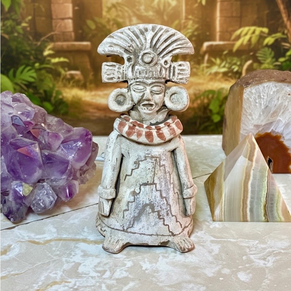 Handcrafted White Clay Aztec Goddess Figurine with Terracotta Accents